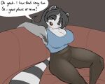  anthro armpit_hair big_breasts blackbetty body_hair bottomwear breasts cleavage clothed clothing female franciene_(tango&#039;s_family) hair looking_at_viewer mammal pants procyonid raccoon simple_background smile solo text thick_thighs yoga_pants 