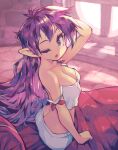  ass bed blanket breasts butt_crack cleavage crop_top hand_on_own_head large_breasts long_hair on_bed one_eye_closed parororo pillow pointy_ears purple_hair shantae shantae_(series) strap_slip very_long_hair waking_up window 