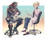  1boy 1girl bad_id bad_twitter_id black_hair blackwatch_genji blonde_hair blue_eyes chair cyborg dr._ziegler_(overwatch) genji_(overwatch) hage2013 holding holding_mask looking_at_another mask mercy_(overwatch) official_alternate_costume on_chair overwatch overwatch_1 short_hair simple_background spiked_hair 