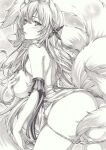  1girl ass azur_lane covering covering_one_breast covering_one_nipple lips long_hair mikuro monochrome panties panty_pull shinano_(azur_lane) solo tail traditional_media underwear 