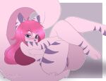  aardwolf anthro big_butt big_tail blush blush_lines butt chainilla chest_tuft female flat_chested fur genitals hair hi_res holding_both_legs huge_tail hyena looking_at_viewer mammal markings nude pink_body pink_fur pink_hair pinup pose puffin_(aardpuff) purple_eyes purple_markings purple_nose purple_pussy pussy solo striped_body striped_fur stripes tail tuft vtuber 