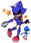  1boy 9474s0ul animal_ears commentary derivative_work disc discus_throw english_commentary full_body highres holding male_focus metal_sonic red_eyes reference_inset robot simple_background solo sonic_(series) standing star_(symbol) tail white_background 