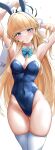  1girl absurdres animal_ears aqua_bow aqua_bowtie armpits arms_up blonde_hair blue_archive blue_eyes blue_leotard bow bowtie breasts cleavage covered_navel cowboy_shot detached_collar earpiece fake_animal_ears halo highleg highleg_leotard highres lds_(dstwins97) leotard long_hair official_alternate_costume playboy_bunny rabbit_ears revision solo strapless strapless_leotard thighhighs toki_(blue_archive) toki_(bunny)_(blue_archive) white_background white_thighhighs wrist_cuffs 