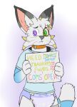  advertisement anthro black_clothing black_shirt black_tank_top black_topwear blue_clothing blue_shirt blue_spots blue_t-shirt blue_topwear brown_spots canid canine clothed clothing collar contact_lenses diaper dogshaming domestic_cat dominic_(fennecat) felid feline felis fennec fennecat_(artist) fox fur hi_res holding_object hybrid male mammal meme orange_collar shaming shirt solo spots t-shirt tank_top text text_on_object topwear wearing_diaper whiskers white_body white_fur yellow_spots 