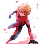  1boy blonde_hair bodysuit closed_mouth cosplay domino_mask green_eyes ladybug_(character) ladybug_(character)_(cosplay) mask miraculous_ladybug polka_dot red_bodysuit red_mask short_hair smile solo tomm0515 