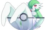  1girl breasts colored_nipples commentary english_commentary gardevoir green_hair green_nipples hair_over_one_eye hot_vr large_breasts looking_at_viewer nipples patreon_username pokemon pussy red_eyes short_hair simple_background solo uncensored white_background 