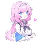  1girl blue_eyes breasts collared_shirt cropped_torso elysia_(honkai_impact) hairband heart highres honkai_(series) honkai_impact_3rd long_hair long_sleeves looking_at_viewer manfu_w medium_breasts pink_hair shirt signature simple_background smile solo upper_body very_long_hair white_background white_hairband white_shirt 