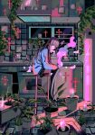  1girl black_footwear boots brown_hair bucket candle crack cross drawer fire heart highres kitchen leaf long_hair long_sleeves looking_at_viewer myon_(tokipi) original oven plant potted_plant refrigerator shadow sink sitting solo stool thigh_boots tile_floor tiles trowel window 