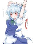  1girl apron arrow_(symbol) braid closed_eyes closed_mouth commentary_request grey_hair highres holding_own_arm izayoi_sakuya maid maid_headdress short_hair short_sleeves side_braids smile solo stretching tanikake_yoku touhou twin_braids waist_apron wrist_cuffs 