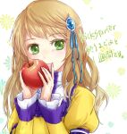  1girl apple blue_ribbon ccapsule character_request closed_mouth dress eiyuden_chronicle:_hundred_heroes food fruit green_eyes hair_ornament hair_ribbon long_hair looking_at_viewer red_apple ribbon smile solo white_background yellow_dress 