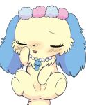  anthro anus azuo blue_hair blush canid canine canis domestic_dog eyes_closed female fur genitals hair hi_res jewelpet jewelry mammal masturbation necklace plump_labia pussy sanrio sapphie semi-anthro simple_background solo vaginal vaginal_masturbation white_background yellow_body yellow_fur 