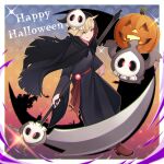  1boy alternate_costume black_cape black_nails black_robe blonde_hair border brown_footwear cape closed_mouth commentary duskull gladion_(pokemon) green_eyes happy_halloween highres holding holding_staff hood hood_up hooded_cape long_sleeves male_focus mask mask_on_head mocacoffee_1001 nail_polish pokemon pokemon_(creature) pokemon_(game) pokemon_sm robe shoes short_hair smile sparkle staff white_border 