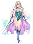  1girl absurdres armor blonde_hair blue_eyes blue_footwear blush boots breasts cape celes_chere cleavage commentary_request final_fantasy final_fantasy_vi full_body green_leotard groin headband highres holding holding_sword holding_weapon large_breasts leotard long_hair looking_at_viewer matsuda_(matsukichi) pauldrons purple_cape shoulder_armor solo sparkle standing strapless strapless_leotard sword thighs very_long_hair weapon 