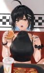  1girl absurdres ahoge black_hair black_nails black_scrunchie blue_hair bracelet breasts brown_eyes burger colored_inner_hair cup drinking_straw fingernails food french_fries hair_ornament highres holding holding_food irene_(kanniiepan) jewelry kanniiepan looking_at_viewer medium_breasts mole mole_under_eye multicolored_hair nail_polish open_mouth original ring scrunchie short_hair sitting spiked_bracelet spikes teeth two-tone_hair wrist_scrunchie x_hair_ornament 
