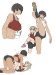  2girls ass breasts dark-skinned_female dark_skin girl_on_top gym_uniform height_difference highres interracial large_breasts looking_at_breasts m_k multiple_girls original short_hair simple_background steam steaming_body stretching sweat tall tall_female tomboy very_sweaty white_background yuri 