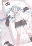  1girl absurdres ahoge aqua_hair aqua_nails aqua_necktie bare_shoulders black_skirt black_sleeves black_thighhighs blanket closed_mouth detached_sleeves electric_fan feet_out_of_frame furrowed_brow grey_shirt groin hair_ornament hair_ornament_removed hatsune_miku highres holding holding_blanket hot indoors light_blush long_hair lying midriff miniskirt motion_blur navel necktie okome_(okome_0627ha) on_back on_bed open_clothes open_mouth open_shirt panties partially_undressed pillow pleated_skirt revision shirt shoulder_tattoo skirt sleeveless sleeveless_shirt sleeves_past_wrists solo sweat tattoo thighhighs thighhighs_removed tie_clip twintails underwear very_long_hair vocaloid white_panties 
