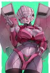  1girl absurdres arcee autobot breasts cleavage hand_on_own_hip hand_up heart highres humanoid_robot large_breasts looking_at_viewer navel one_eye_closed pink_lips robot robot_girl science_fiction solo spoken_heart transformers unusualpie v 