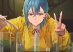  1girl 2023 artist_logo beaker blue_hair chemicals closed_mouth collared_shirt earrings english_commentary hair_between_eyes highres hiroki_ree holding_pipette jacket jewelry looking_at_viewer love_live! love_live!_superstar!! neck_ribbon orange_eyes pipette raincoat ribbon science shirt short_hair smirk solo stud_earrings upper_body v v-shaped_eyebrows wakana_shiki yellow_jacket yellow_raincoat 