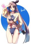  1girl :d bikini black_hair blue_bikini blue_eyes breasts commentary_request fate/grand_order fate_(series) hair_bun hand_on_hip jacket jacket_over_swimsuit long_hair looking_at_viewer medium_breasts navel open_mouth parted_bangs salute side_ponytail single_hair_bun single_side_bun smile solo swimsuit ushiwakamaru_(fate) ushiwakamaru_(swimsuit_assassin)_(fate) ushiwakamaru_(swimsuit_assassin)_(first_ascension)_(fate) very_long_hair xkirara39x yellow_jacket 