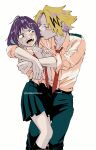  1boy 1girl belt blonde_hair blush boku_no_hero_academia collarbone couple hadakaninareyo hetero highres hug imminent_kiss jirou_kyouka kaminari_denki kiss kissing_cheek necktie pants pleated_skirt purple_hair school_uniform short_hair simple_background skirt twitter_username white_background 