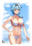  1girl :o absurdres bare_arms bare_shoulders bikini black_hairband blue_hair blue_sky breasts choker cloud commentary_request cropped_legs day eula_(genshin_impact) genshin_impact hairband highres hiziriamane large_breasts long_hair looking_at_viewer navel parted_lips sky solo standing stomach swimsuit thighs white_bikini white_choker yellow_eyes 