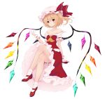 1girl arm_support ascot blonde_hair bobby_socks closed_mouth collarbone cross crystal fingernails flandre_scarlet frilled_skirt frilled_sleeves frills full_body hair_between_eyes hat hat_ribbon head_tilt highres light_smile looking_at_viewer mary_janes medium_hair multicolored_wings nail_polish off-shoulder_shirt off_shoulder one_side_up puffy_short_sleeves puffy_sleeves red_eyes red_footwear red_nails red_ribbon red_skirt red_vest ribbon sh1_(shanghaidoll) sharp_fingernails shirt shoes short_sleeves simple_background skirt skirt_set sleeve_ribbon socks solo touhou vest white_background white_headwear white_shirt white_socks wings wrist_cuffs yellow_ascot 