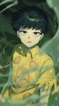  1boy 1didi11di absurdres animal_print arms_at_sides black_hair bowl_cut collared_shirt crying dust ekubo_(mob_psycho_100) eye_reflection floating_hair highres kageyama_shigeo looking_at_viewer male_focus mob_psycho_100 monkey parted_lips print_shirt reflection shirt short_hair short_sleeves solo tears_from_one_eye torn_clothes torn_sleeves upper_body yellow_shirt 