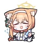  1girl absurdres animal_ears blue_archive bottle chibi closed_eyes commentary_request fox_ears halo highres korean_commentary looking_at_viewer mari_(blue_archive) mari_(track)_(blue_archive) orange_hair simple_background solo water_bottle white_background yanggaengwang 