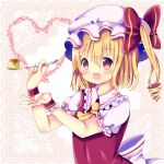  1girl ascot back_bow blonde_hair bow breasts chocolat_(momoiro_piano) collared_shirt fang flandre_scarlet food frilled_shirt_collar frills hair_between_eyes hat heart holding holding_spoon large_bow mob_cap one_side_up open_mouth pudding puffy_short_sleeves puffy_sleeves red_eyes red_vest shirt short_sleeves skin_fang small_breasts solo spoon touhou upper_body vest white_bow white_headwear white_shirt wrist_cuffs yellow_ascot 