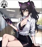  1girl animal_ears black_bra black_hair blake_belladonna blush bra breasts cat_ears cleavage dizzle eyeshadow highres large_breasts looking_at_viewer makeup miniskirt ponytail rwby skirt sleeves_rolled_up smile solo thighs underwear 