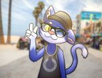  anthro beach blue_body blue_fur blurred_background blush building cat_(casuallynoted) domestic_cat felid feline felis fur gesture male mammal one_eye_closed palm_tree plant seaside sky solo tail tree unknown_artist v_sign white_body white_fur wink yellow_eyes 