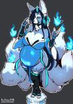  2022 5_fingers absurd_res anthro artist_name bell bell_collar bell_earrings belly better_version_at_paywall big_belly big_breasts black_hair black_sclera blue_eyes blue_fire breasts canid canine cleavage clothed clothing collar colored_fire deep_cleavage digital_media_(artwork) female fingers fire fox fox_spirit fur glowing glowing_tattoo grey_background grey_body grey_fur hair hi_res high-angle_view horn humanoid_hands inner_ear_fluff inu-sama legwear long_hair looking_at_viewer mammal monotone_background multi_tail multicolored_body multicolored_fur nipple_outline pelvic_curtain pregnant pregnant_female simple_background smile solo standing tail tattoo text thigh_highs tuft url vixen_(reddrake56) white_body white_fur wide_hips womb_tattoo 