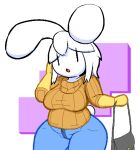  anthro big_butt blue_bottomwear blue_clothing blue_jeans blue_pants bottomwear breasts bunsandnoble butt chubby_female clothing denim denim_clothing female fur hair handwear holding_object holding_purse jeans lagomorph leporid mammal mittens open_mouth pants phoebe_(bunsandnoble) rabbit scut_tail short_tail simple_face slightly_chubby solo sweater tail thick_thighs topwear white_body white_fur white_hair wide_hips yellow_clothing yellow_sweater yellow_topwear 