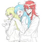  3girls a82212205 ahoge amagi_rinne aqua_eyes bad_id bad_twitter_id blue_hair blush closed_eyes closed_mouth ensemble_stars! genderswap genderswap_(mtf) green_hair long_hair multiple_girls open_mouth purple_eyes red_hair shinkai_kanata sketch teeth tomoe_hiyori white_background 