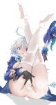  1girl @_@ absurdres after_sex ahoge anus ass asymmetrical_gloves bar_censor black_gloves blue_eyes blue_hair blue_jacket breasts breasts_out censored commentary_request crying crying_with_eyes_open cum cum_in_pussy cumdrip cv-3_(dejiajia) feet full_body furina_(genshin_impact) genshin_impact gloves hat highres holding holding_clothes holding_hat jacket legs_up light_blue_hair medium_breasts mismatched_gloves mismatched_pupils multicolored_hair nipples pussy short_hair sitting soles solo spread_pussy sweat tears thighhighs torn_clothes torn_thighhighs white_background white_gloves white_hair white_thighhighs 