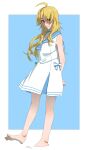  absurdres ahoge arms_behind_back ascot bare_shoulders barefoot blonde_hair blue_ascot blue_background blue_bow blue_sailor_collar border bow collarbone dress epitaph_(1122) green_eyes grin highres hoshii_miki idolmaster idolmaster_(classic) idolmaster_million_live! idolmaster_million_live!_theater_days light_blush long_hair looking_at_viewer messy_hair outside_border sailor_collar sailor_dress simple_background sketch smile white_border white_dress 