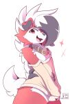  2023 anthro bottomless cheek_tuft clothed clothing digital_media_(artwork) facial_tuft fangs floppy_ears fur generation_7_pokemon hi_res kinozel looking_at_viewer lycanroc midnight_lycanroc nintendo open_mouth open_smile pokemon pokemon_(species) red_body red_fur signature simple_background smile solo teeth tongue tuft white_background white_body white_fur 