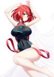  1girl armpits arms_up bare_arms bare_shoulders barefoot blush breasts competition_swimsuit covered_navel highres large_breasts looking_at_viewer one-piece_swimsuit parted_lips pyra_(xenoblade) red_eyes red_hair ririko_(zhuoyandesailaer) short_hair simple_background solo swimsuit thighs white_background xenoblade_chronicles_(series) xenoblade_chronicles_2 