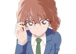  1girl bespectacled blue_jacket brown_hair closed_mouth collared_shirt glasses green_eyes green_necktie haibara_ai hair_between_eyes hand_up highres jacket long_sleeves meitantei_conan necktie shirt short_hair simple_background smile solo tohoho_(hoshinoyami) upper_body white_background white_shirt 