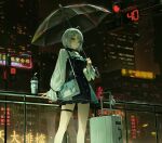  1girl absurdres ahoge city cup disposable_cup dress grey_hair hair_ornament hairclip highres holding holding_umbrella looking_at_viewer night original short_hair solo suitcase thigh_strap traffic_light umbrella xzu yellow_eyes 