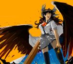  1girl arm_cannon bangs bird_wings black_hair black_sun black_thighhighs bow breasts brown_hair brown_wings buttons cape collared_shirt colored_inner_hair commentary control_rod feet_out_of_frame frilled_shirt_collar frilled_skirt frills grey_bow grey_skirt hair_bow howah18 long_hair looking_at_viewer medium_breasts multicolored_hair open_mouth orange_background orange_eyes print_cape reiuji_utsuho shirt short_sleeves skirt smile solo starry_sky_print sun teeth thighhighs third_eye touhou upper_teeth_only weapon white_cape white_shirt wings 