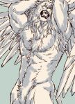  anthro armpit_hair body_hair chest_hair delicious_in_dungeon digital_media_(artwork) feathered_wings feathers felid fur horn inubikko lion male mammal mane muscular muscular_male nude one_eye_closed open_mouth pantherine sketch solo tail winged_lion_(delicious_in_dungeon) wings yellow_eyes 