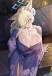  1girl animal_ears bare_shoulders blonde_hair blue_archive blue_eyes blue_kimono breasts cleavage collarbone dog_ears floral_print hair_over_one_eye halo highres huge_breasts japanese_clothes k_jin kanna_(blue_archive) kimono long_hair long_sleeves looking_at_viewer obi off_shoulder open_mouth ponytail sash solo sweat wide_sleeves 