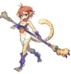  1girl animal_ears breasts breath_of_fire breath_of_fire_ii bustier cat_ears cat_tail cleavage facial_mark fingerless_gloves full_body furry furry_female gloves green_eyes looking_at_viewer open_mouth pointy_ears red_hair rinpoo_chuan short_hair simple_background smile solo staff tail tonnyoriclayer white_background 