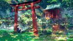  1boy commentary_request commission dappled_sunlight day forest fox highres light_rays nature original outdoors plant scenery shimekake shrine sleeping stairs sunlight torii wide_shot 
