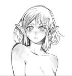  1girl blush closed_mouth collarbone greyscale highres looking_at_viewer medium_hair monochrome nude pointy_ears princess_zelda simple_background solo the_legend_of_zelda upper_body white_background yourfreakyneighbourh 