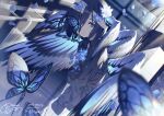  1girl absurdres artist_name black_shirt blue_eyes blue_flower blue_hair bug butterfly closed_mouth collared_shirt commission dark_blue_hair dated falling_petals feathered_wings flower goshichi_shoji hair_flower hair_ornament hair_over_one_eye head_wings highres long_sleeves looking_at_viewer multiple_wings one_eye_covered original petals pixiv_commission shirt short_hair signature solo umbrella white_umbrella wings 
