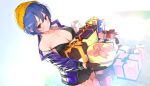  1girl amane_(senran_kagura) beanie blue_hair blush box breasts cleavage gift gift_box gloves hat highres holding holding_gift jacket large_breasts miniskirt official_art open_clothes open_jacket open_mouth red_eyes senran_kagura senran_kagura_new_link short_hair skirt solo yaegashi_nan 