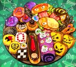  cake check_copyright copyright_request dated eyeball food food_focus green_background hypnosis_mic jack-o&#039;-lantern lettuce meat necktie red_necktie shunkashuntou sparkle stitches swiss_roll 