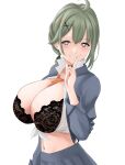  1girl alternate_costume between_breasts black_bra black_choker blush bra breasts choker cleavage cropped_shirt cyka de_lacey_(neural_cloud) finger_to_mouth girls&#039;_frontline girls&#039;_frontline_neural_cloud green_hair grey_eyes grey_jacket grey_skirt hair_ornament hairclip highres jacket large_breasts long_sleeves looking_at_viewer medium_hair mole mole_under_mouth navel necktie necktie_between_breasts open_clothes open_jacket open_mouth open_shirt orange_necktie school_uniform shushing skirt smile solo star-shaped_pupils star_(symbol) symbol-shaped_pupils underwear upper_body white_background 